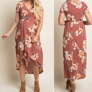 Pink Blush Rust Floral Hi-Low Maternity Wrap Dress Belt Stretch Soft Size Small